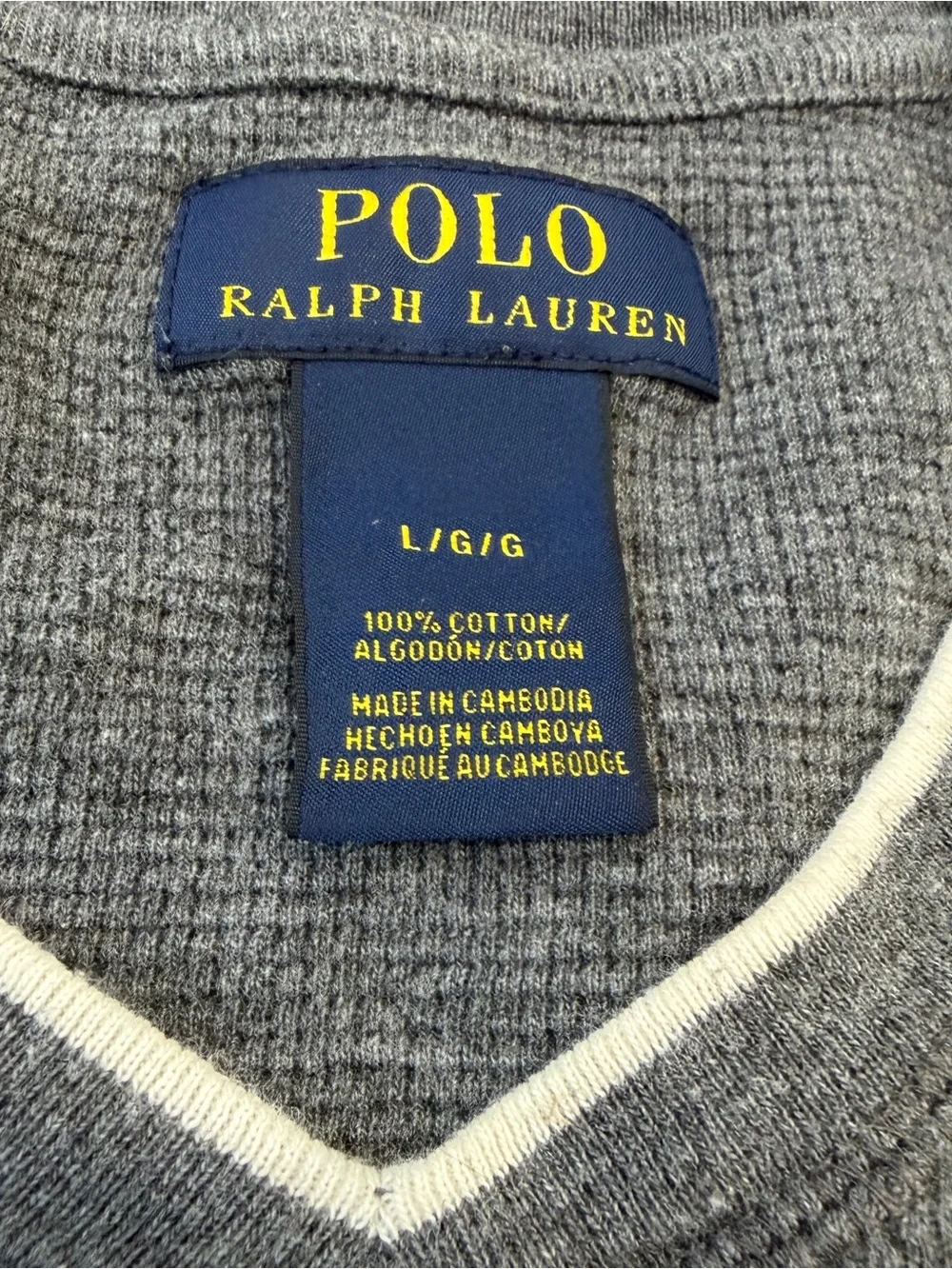 Polo Ralph Lauren Gray Waffle Knit White Tipped V Neck Collared Thermal Sweater